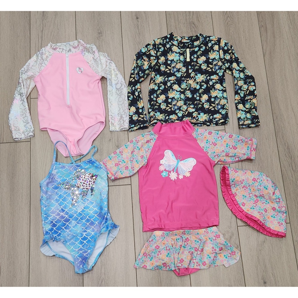 Girls Size 5 Swimwear Lot RuffleButts‎ UVSkinz Rash Guard One Piece Mermaid Hat